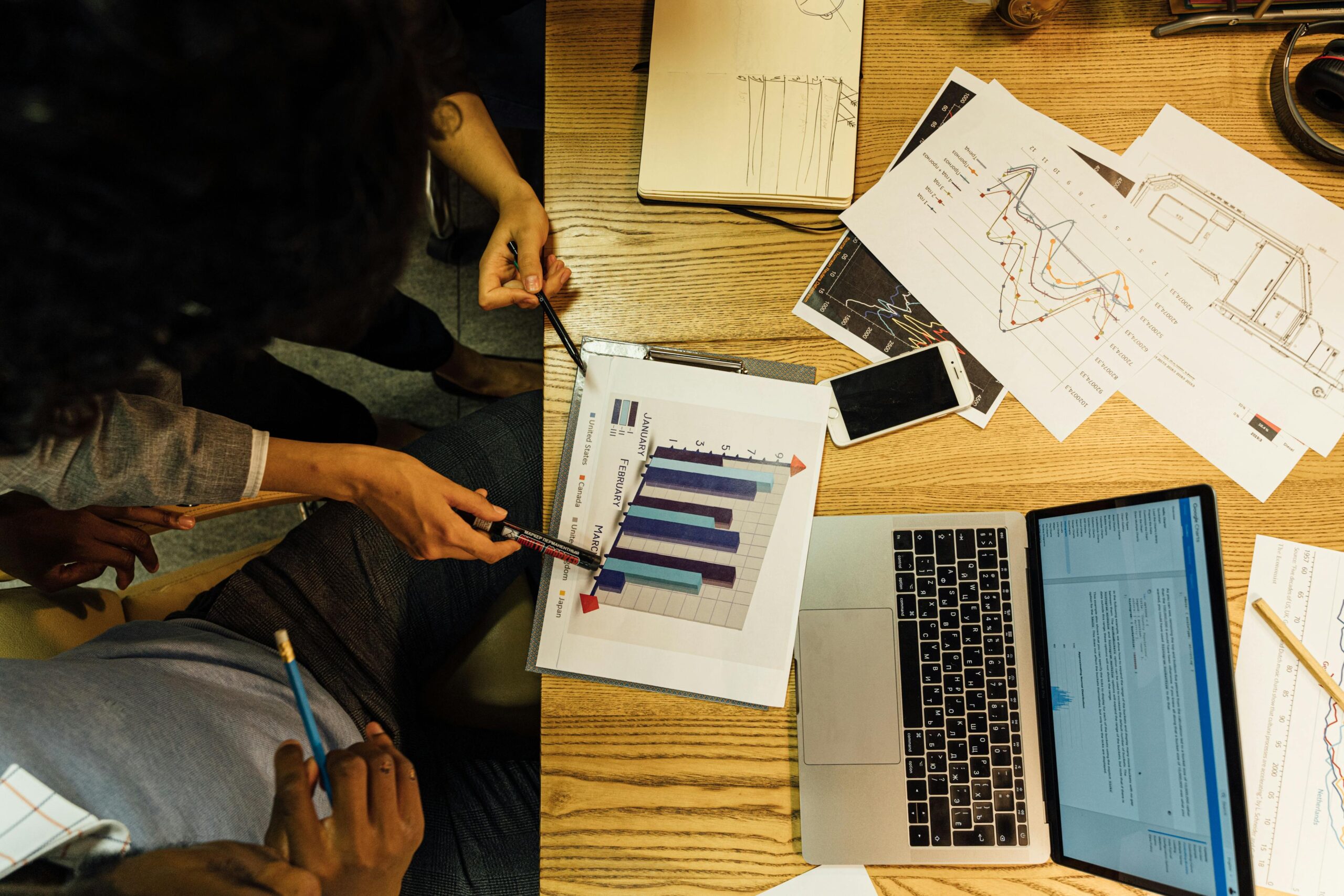 Overhead view of a business team analyzing charts and data on a laptop.